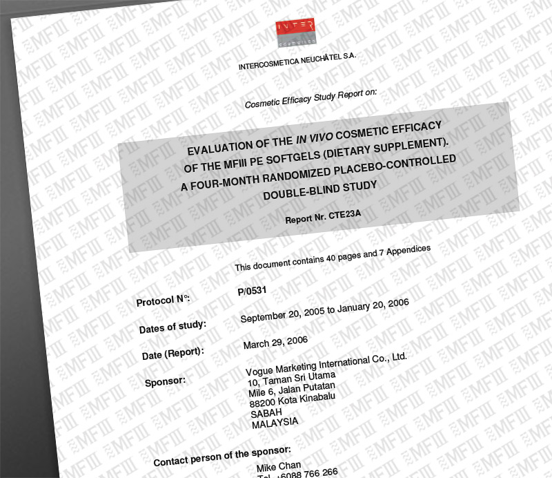 Evaluation of the IN VIVO cosmetic efficacy of the MF3 PE softgels ( dietary Supplement) A Four- Month Randomized Placebo-Controlled Double-blind Study