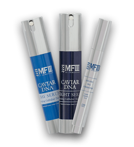 MF3’s luxurious Caviar DNA Night & Day Serum, and Melasma DNA Corrector.